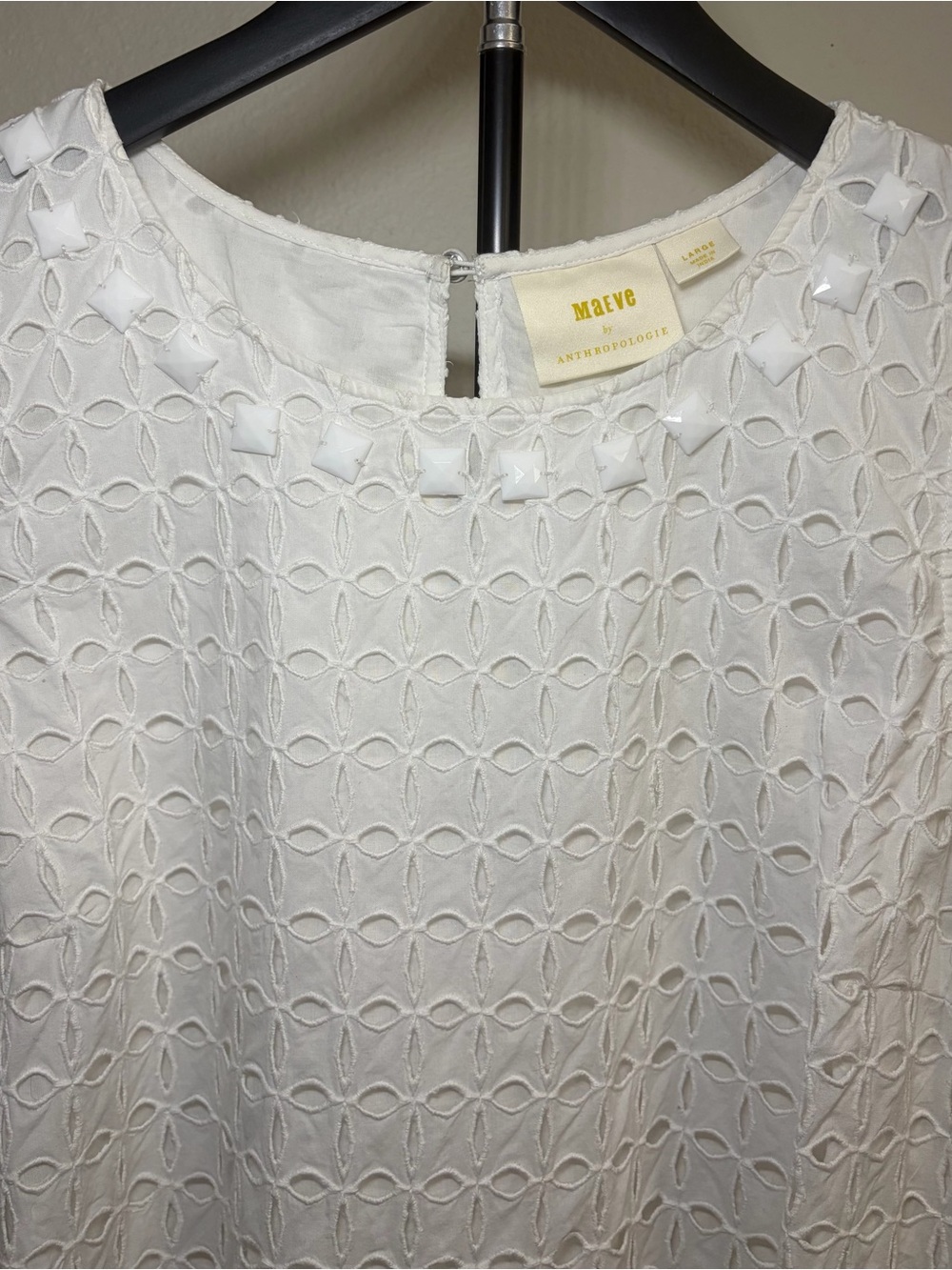 Maeve by Anthropologie White Eyelet Shell Top with Beaded Trim